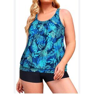 Aqua Eve Womens Size XL Tropical Leaf Print Tankini Set Boy Shorts W/Drawstring